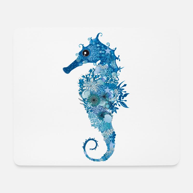 Hippocampe avec coraux, coquillages et anémones de mer - Tapis de souris (format paysage) - blanc