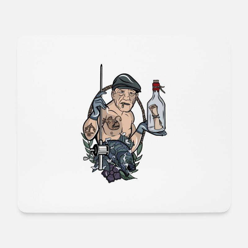 Angler // Oldschool // Illustration - Mousepad (Querformat) - Weiß