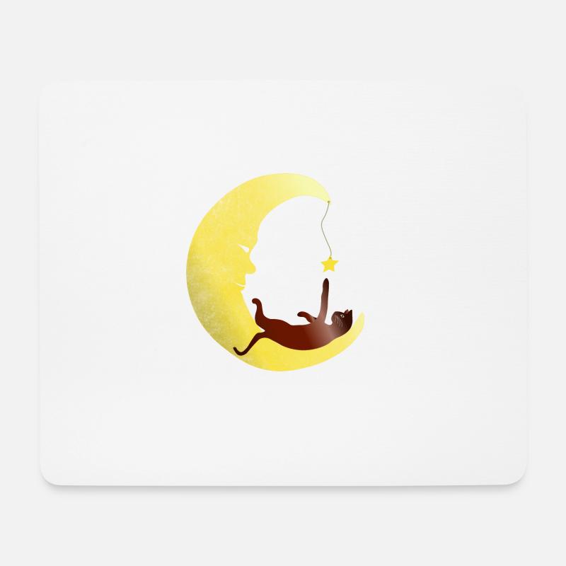 Chat joue dans la lune avec une étoile - Tapis de souris (format paysage) - blanc