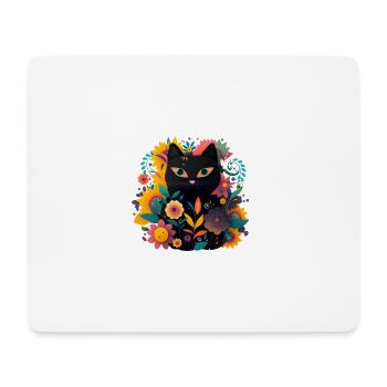 Schwarze Katze Kater Kätzchen mit bunten Blumen - Mousepad (Querformat) - Weiß - Vorne