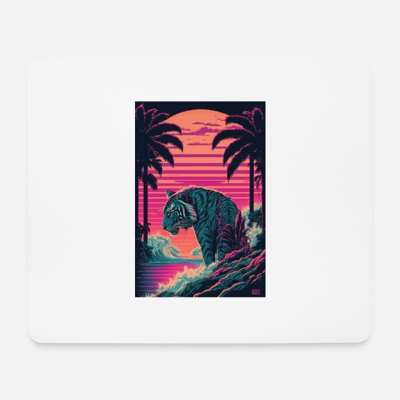Tiger Vaporwave Retro 80s Palmen Strand Sommer - Mousepad (Querformat) - Weiß