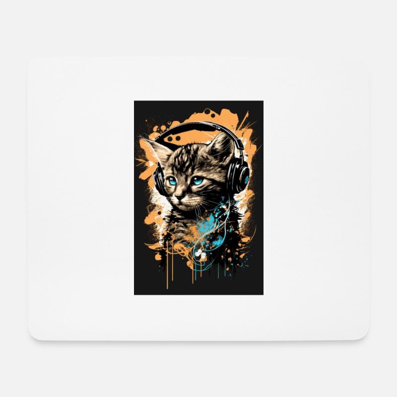 Katze Headphones Kopfhörer Musik - Mousepad (Querformat) - Weiß