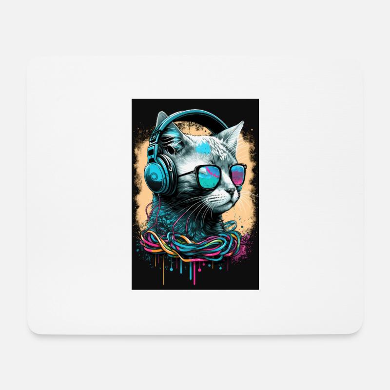 Katze Kopfhörer Sonnenbrille retro Headphones Pop - Mousepad (Querformat) - Weiß