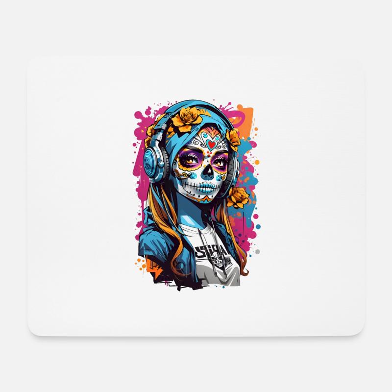 Totenkopfmädchen mit Kopfhörern - Mousepad (Querformat) - Weiß