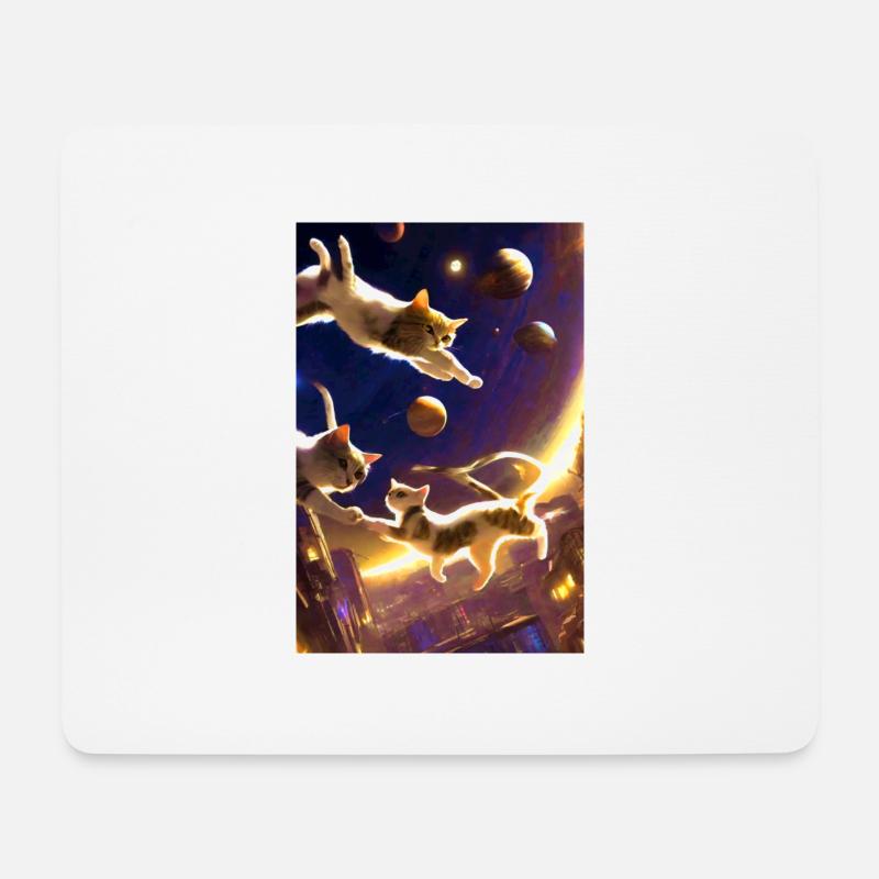 Fliegende Katzen, Katzen, Weltall, Planeten - Mousepad (Querformat) - Weiß