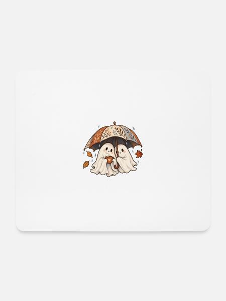Zwei Geisterfreunde unter Herbstschirm und Regen - Mousepad (Querformat) - Weiß