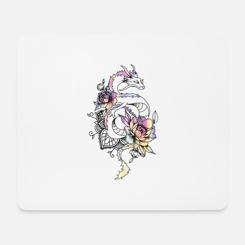 Tattoo Stil Drache mit Rosen Pastell Regenbogen - Mousepad (Querformat) - Weiß