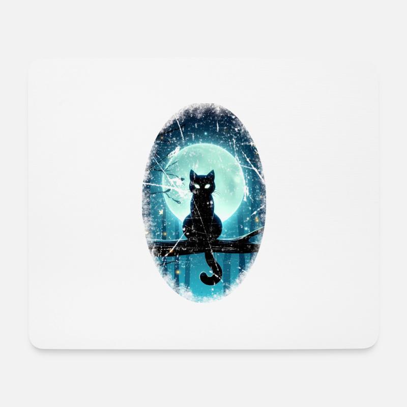 Schwarze Katze vor Vollmond - Mousepad (Querformat) - Weiß