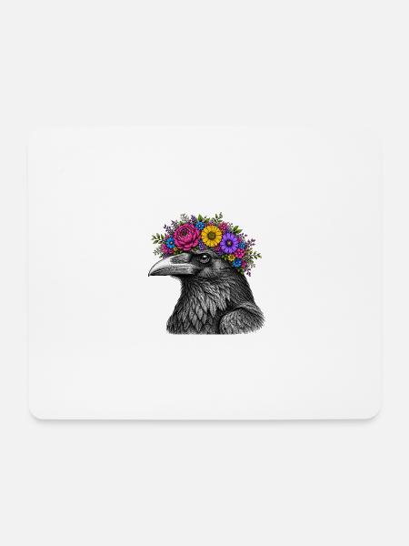 Crow's Head with Flower Crown - Mouse Pad (horizontal) - white