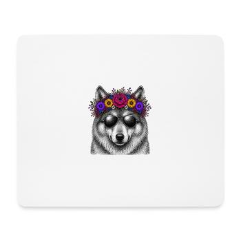 Loup avec une couronne de fleurs et des lunettes de soleil - Tapis de souris (format paysage) - blanc - Devant
