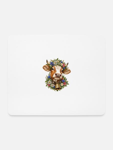 Kuh mit Blumenkrone – Alpenliebe & Tracht - Mousepad (Querformat) - Weiß