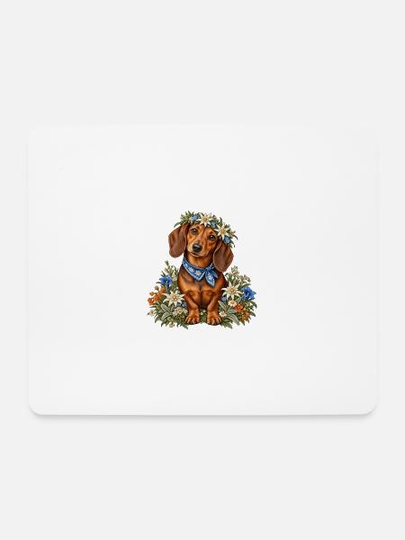 Dackel mit Edelweißkranz & Trachtentuch - Mousepad (Querformat) - Weiß