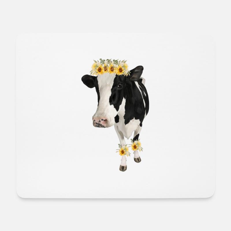 Holstein Kuh mit Blumen - Sonnenblumen - Mousepad (Querformat) - Weiß