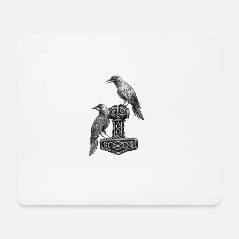 Thor Hammer Mjölnir mit Odin Raben Hugin und Munin - Mousepad (Querformat) - Weiß