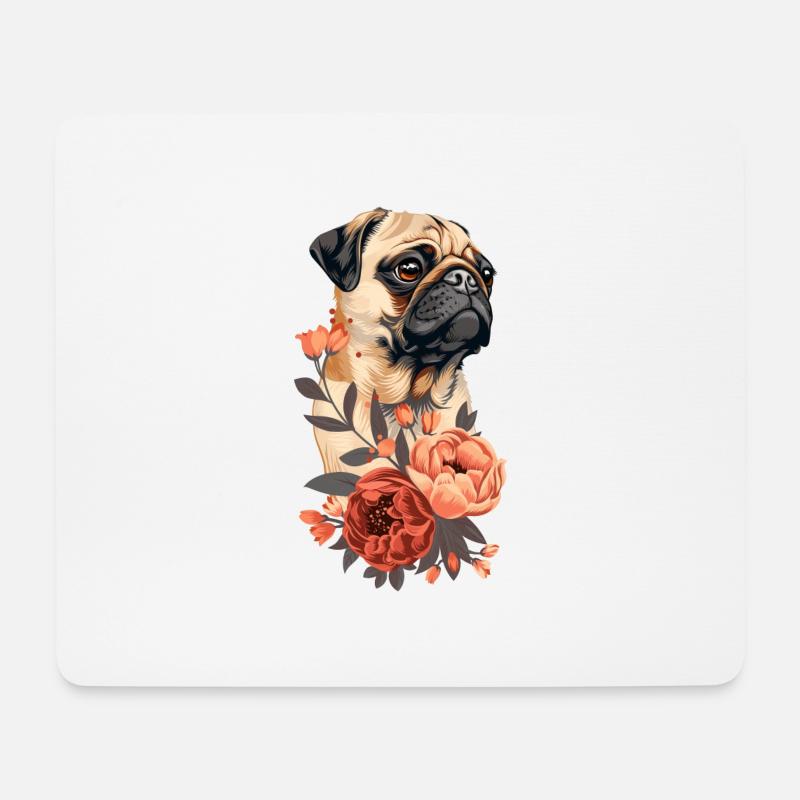 Mops mit Blumen - Mousepad (Querformat) - Weiß