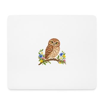 Niedliche Eule auf blühendem Ast - Mousepad (Querformat) - Weiß - Vorne