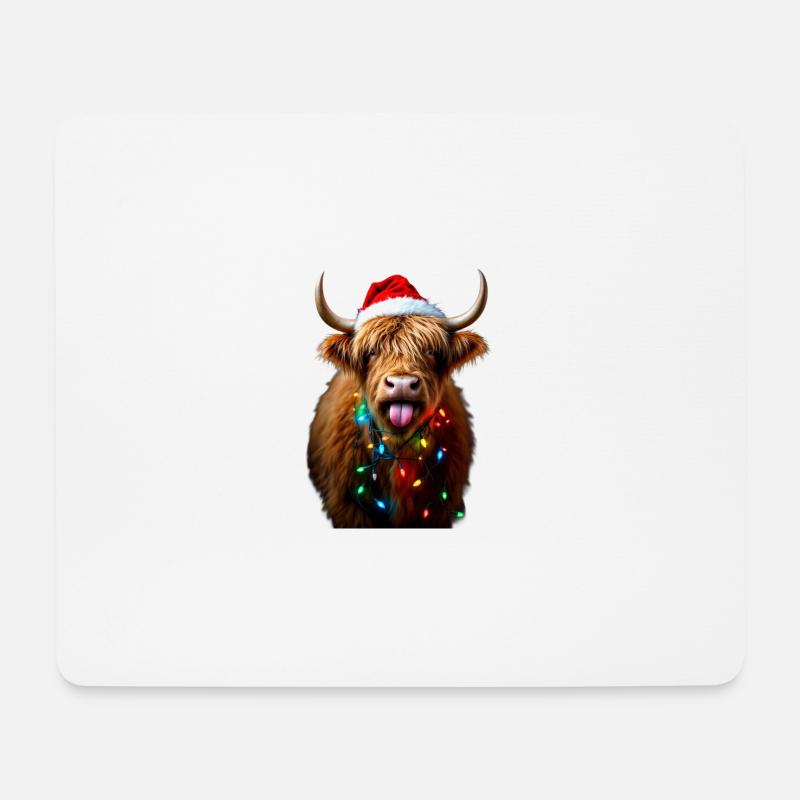 Schottische Hochlandkuh mit fröhlicher Weihnachtsbeleuchtung - Mousepad (Querformat) - Weiß