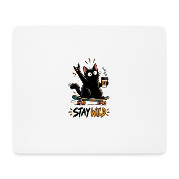 Stay Wild – Skateboard Katze mit Kaffee - Mousepad (Querformat) - Weiß - Vorne