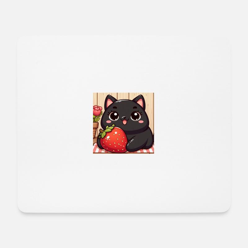Sweet Kitty Schwarz mit Erdbeere und Blume - Mousepad (Querformat) - Weiß