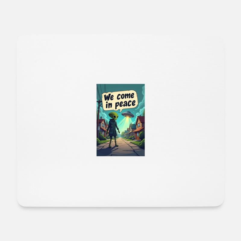 Ein netter, kleiner Alien entsteigt seinem UFO - Mousepad (Querformat) - Weiß