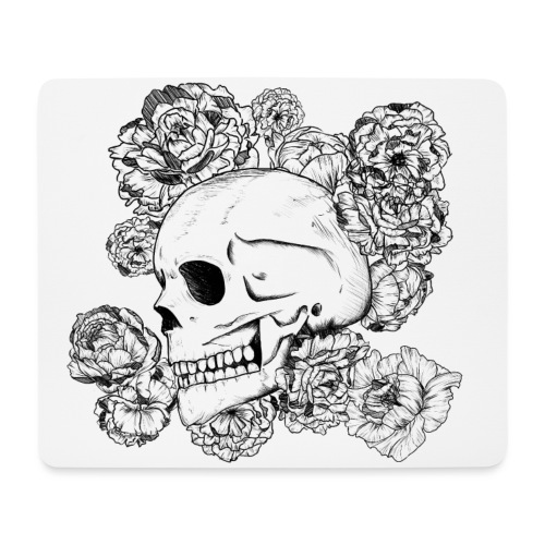 Teschio con fiori, disegno in inchiostro nero - Tappetino per mouse (orizzontale)