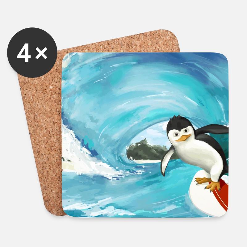 Affiche de pingouin de surf - Dessous de verre (lot de 4) - blanc