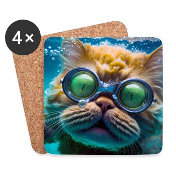 Hector die Schwimmkatze mit Taucherbrille - Untersetzer (4er-Set) - Weiß - Vorne
