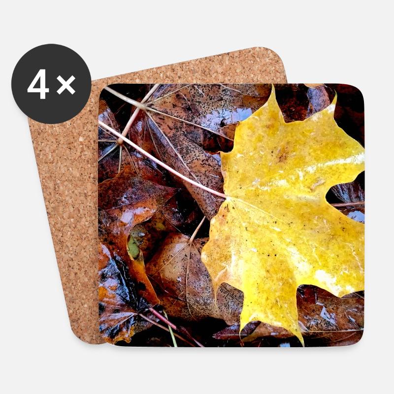 Yellow maple leaf also rainy autumn carpet - Coasters (set of 4) - white