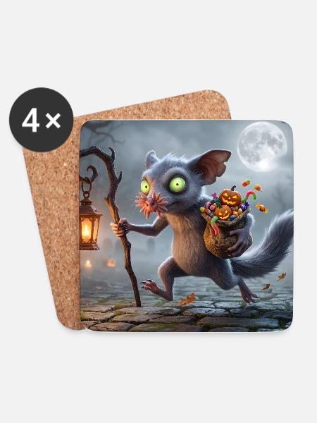 Funny Fluffy Halloween Creature Carrying Lantern a - Untersetzer (4er-Set) - Weiß