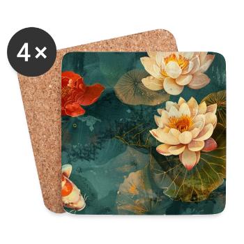 Fleurs de koï et de lotus sur l’eau turquoise - Dessous de verre (lot de 4) - blanc - Devant