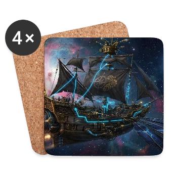 Steampunk Space Ship in Deep Space - Coasters (set of 4) - white - Front