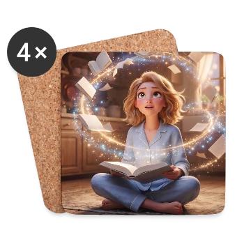 Magic of Reading: Girl with Flying Books in a Cozy - Coasters (set of 4) - white - Front