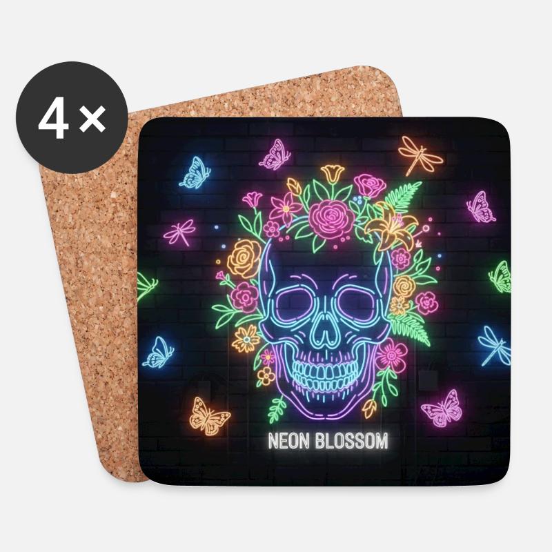 Neonblossom Totenkopf Design - Untersetzer (4er-Set) - Weiß