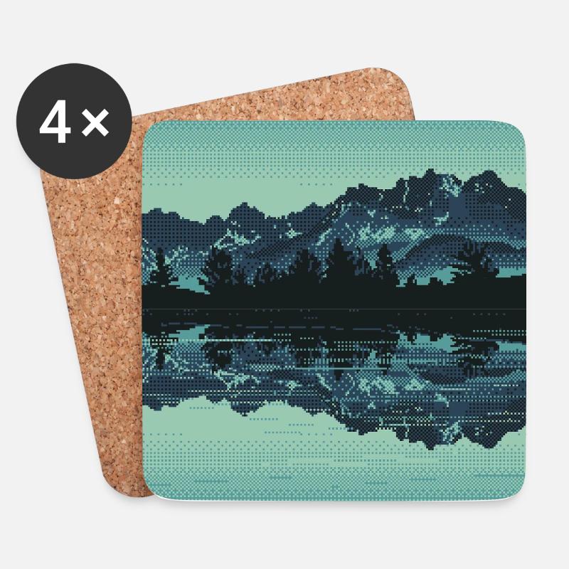Retro Pixel Art Mountain Lake - Untersetzer (4er-Set) - Weiß
