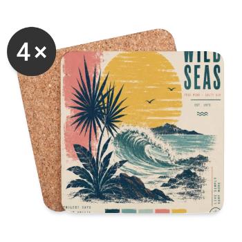 Vagues rétro de coucher de soleil en mer sauvage - Dessous de verre (lot de 4) - blanc - Devant
