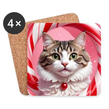 Chat de Noël en conception d’anneau de bonbons - Dessous de verre (lot de 4) - blanc - Devant