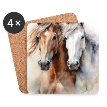 Zwei edle Pferde Portrait Aquarell Malerei Kunst  - Untersetzer (4er-Set) - Weiß - Vorne