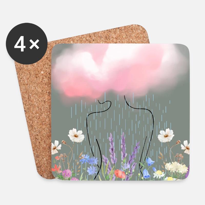 Silhouette de pluie florale sous nuage rose - Dessous de verre (lot de 4) - blanc