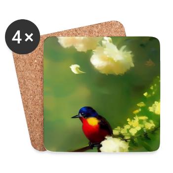 Bird on branch with flower blossoms - Coasters (set of 4) - white - Front
