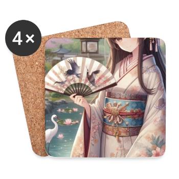 Elegante japanische Gelassenheit: Kimono, Kirschblüten - Untersetzer (4er-Set) - Weiß - Vorne