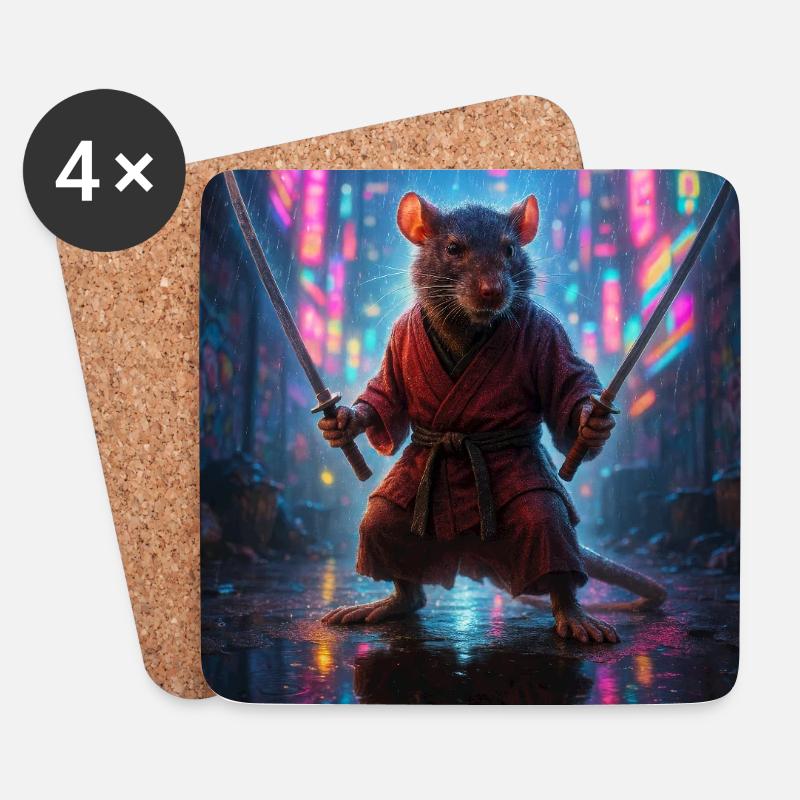 Ratten-Ninja mit Katanas in einer Neon-Stadtlandschaft - Untersetzer (4er-Set) - Weiß