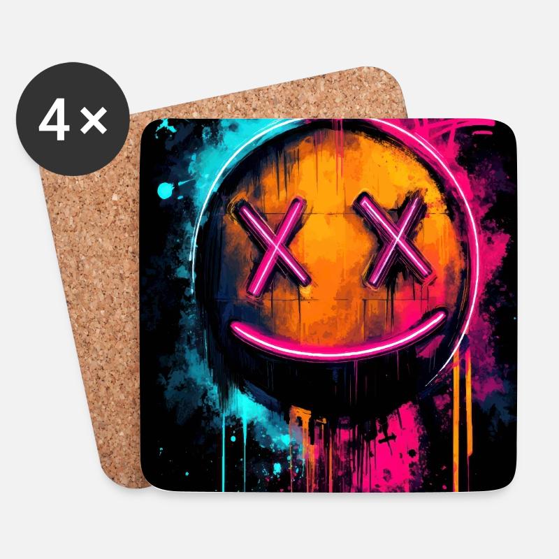 Neon-Graffiti-Smiley mit X-Augen - Untersetzer (4er-Set) - Weiß