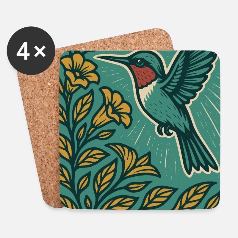 Kolibri und Blumen – Vintage Botanischer Vogel - Untersetzer (4er-Set) - Weiß