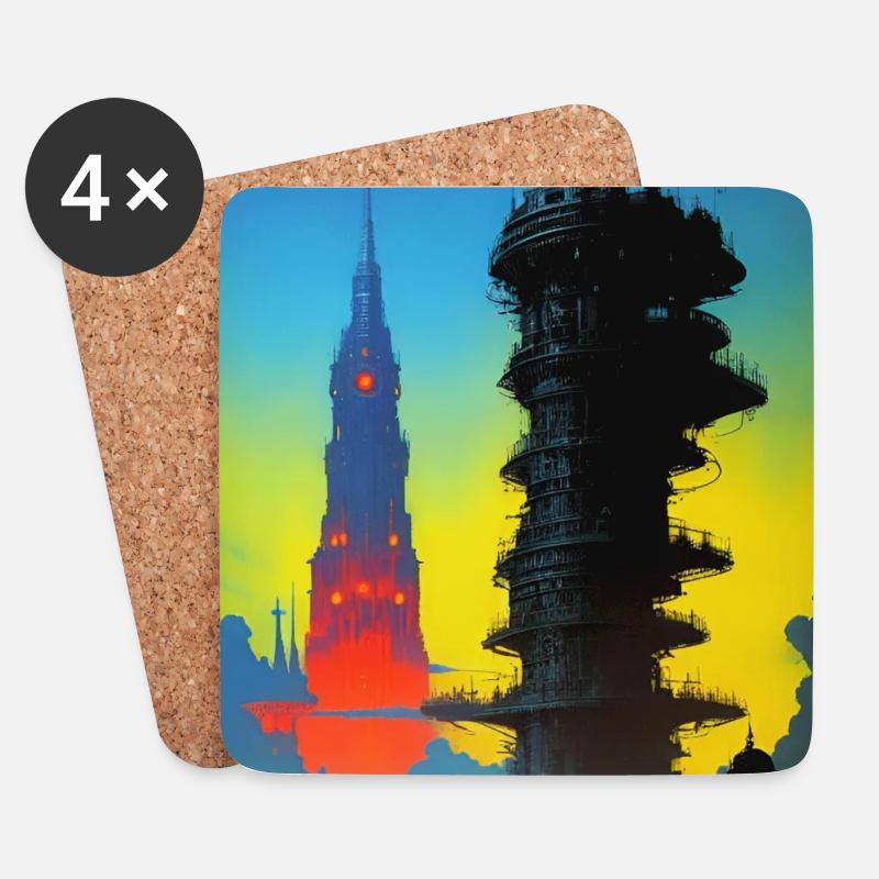 Futuristische Skyline mit Mondlicht - Untersetzer (4er-Set) - Weiß