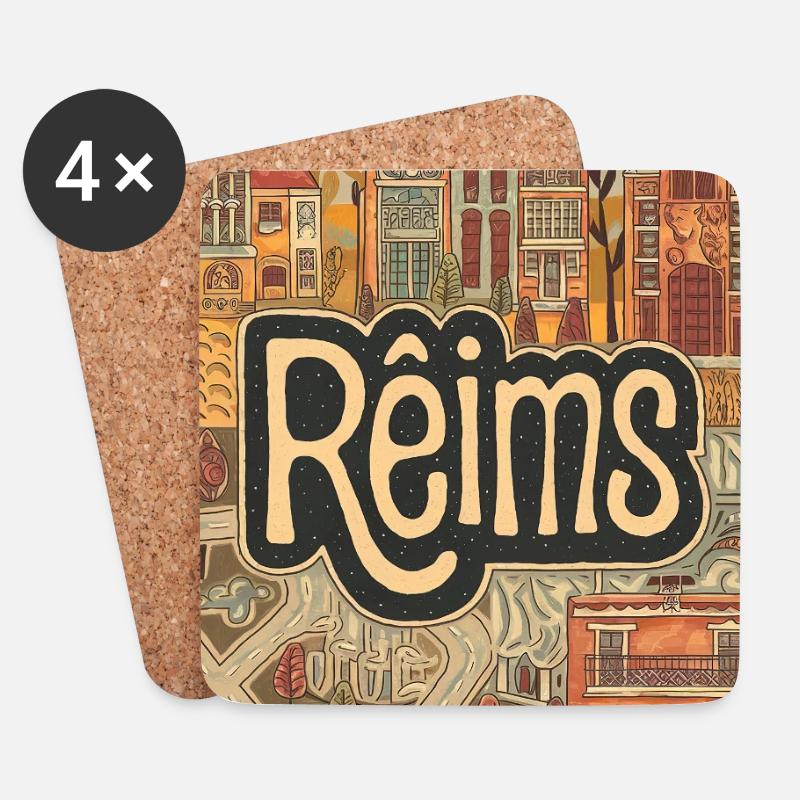 Reims Stadtbild Retro Illustration - Untersetzer (4er-Set) - Weiß
