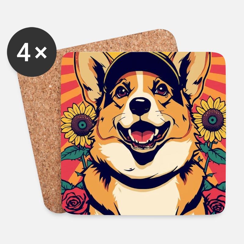 Corgi-Sonnenschein und Rosen - Untersetzer (4er-Set) - Weiß