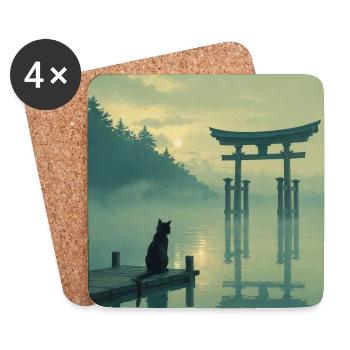 Schwarze Katze am Torii – Asian Zen Design - Untersetzer (4er-Set) - Weiß - Vorne