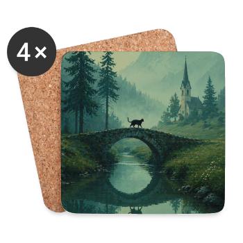 Schwarze Katze an Steinbrücke – Asian Zen Design - Untersetzer (4er-Set) - Weiß - Vorne