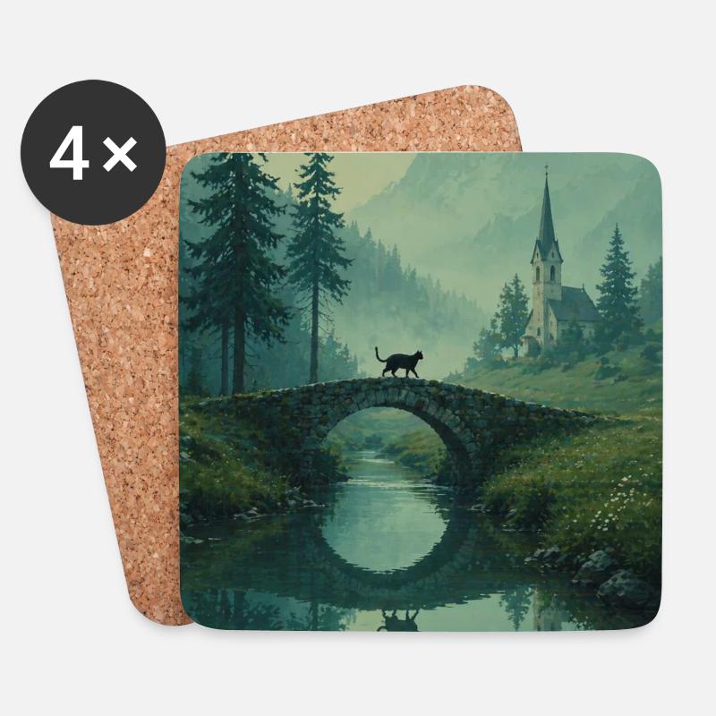 Schwarze Katze an Steinbrücke – Asian Zen Design - Untersetzer (4er-Set) - Weiß