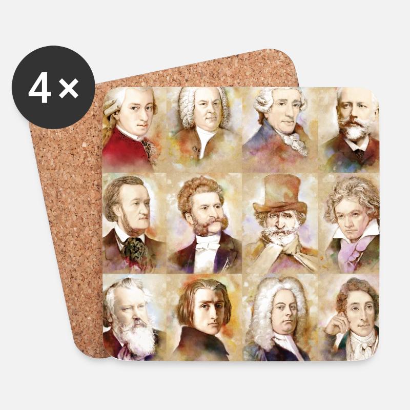 12 compositeurs : Mozart, Bach, Beethoven et plus - Dessous de verre (lot de 4) - blanc